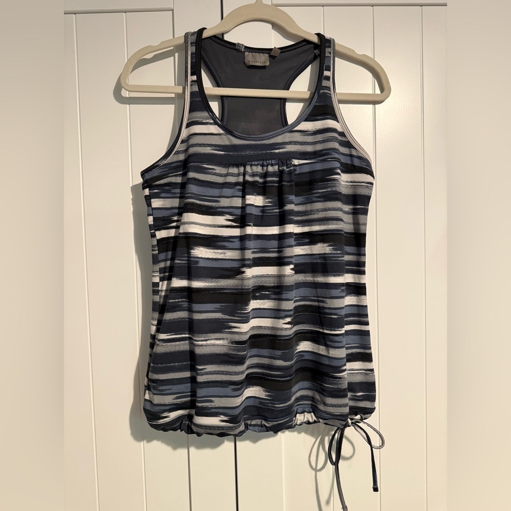Athleta Womens Medium Grey Navy Striped Cinch Tie Athletic Tank Built In Bra M